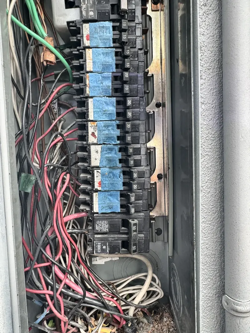 Inside an older breaker panel with crowded wiring during an LTBL Energy inspection in San Diego