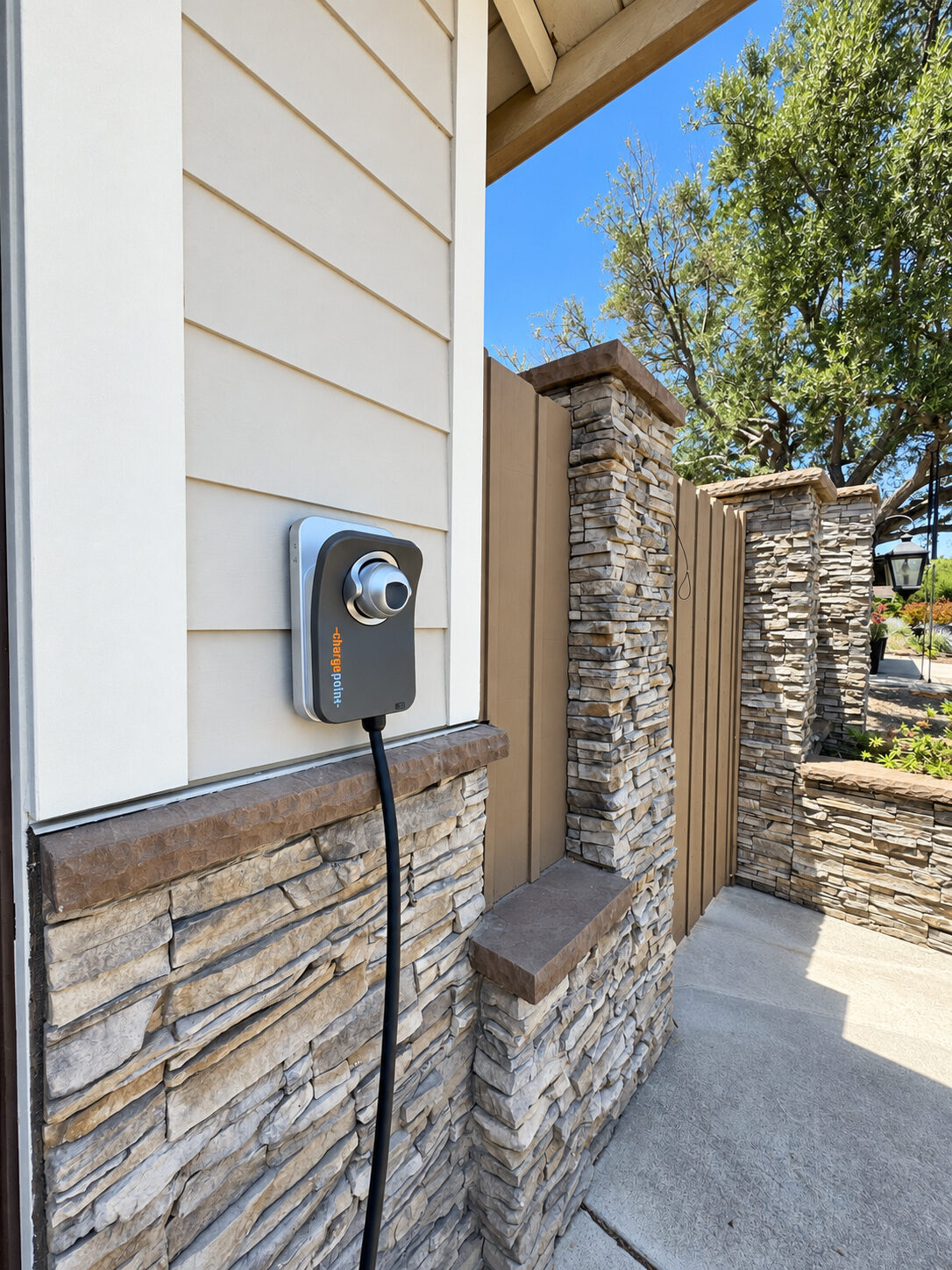 ChargePoint home EV charger mounted on an exterior wall of a San Diego home